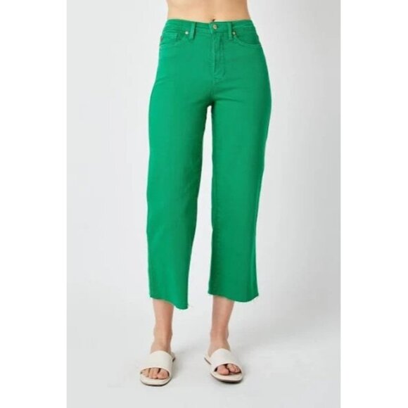 NWT Plus Judy Blue Tummy Control Green High Rise Wide Leg Cropped Jeans sz 22W - Picture 2 of 15